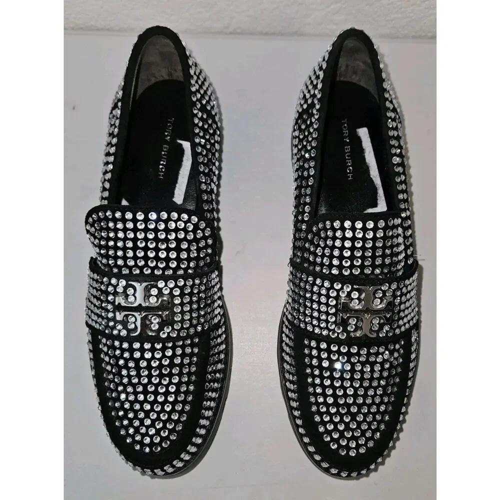 New Tory Burch Chunky Loafer Mini Everly Black Suede Crystals Lug Sole Size 7M